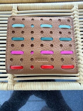 Fossil Brown Leather Wallet with Teal, Pink and Red Accents